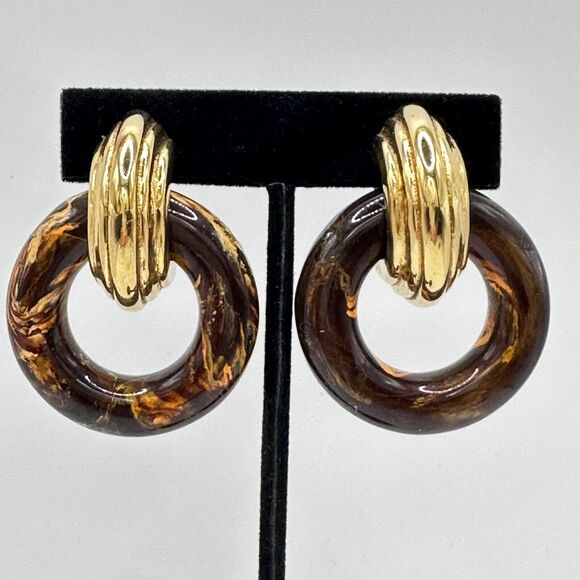 Vintage Earrings Gold Tone Tortoise Lucite Chunky Statement Clip On Convertible - Picture 1 of 11